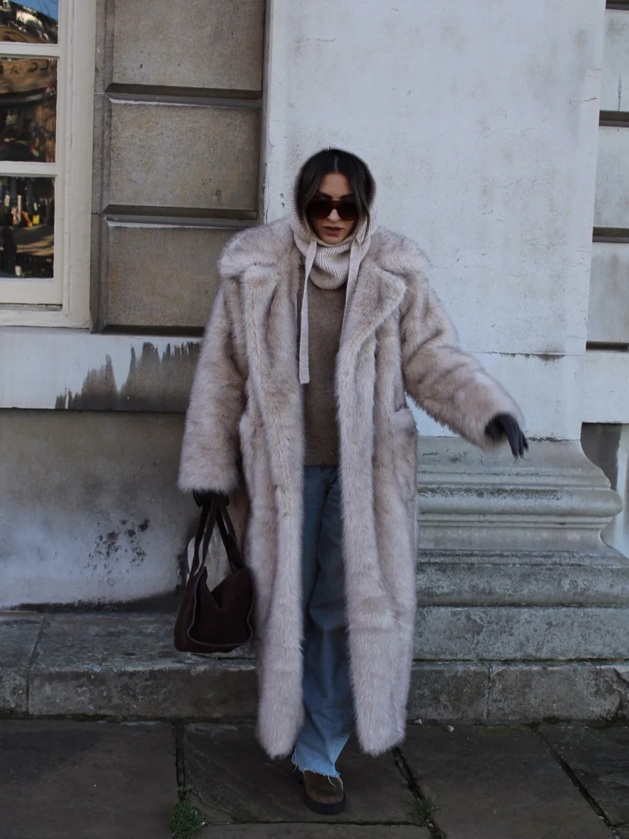 Winter Lace Up Wool Fluffy Fur Jacket Women Long Thick Wram Faux Fur Coat Fashion Street Wide Lapel Jacket Outerwear Overcoat