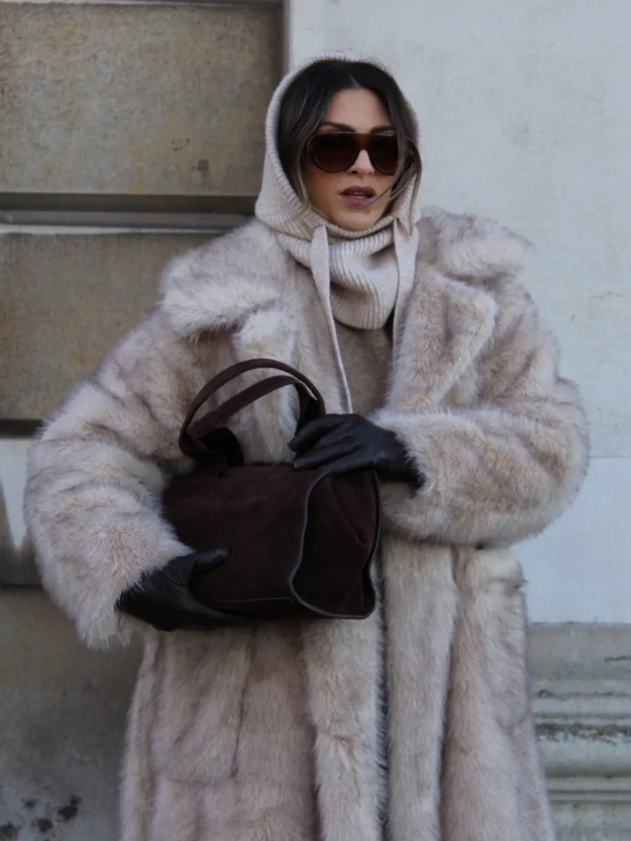 Winter Lace Up Wool Fluffy Fur Jacket Women Long Thick Wram Faux Fur Coat Fashion Street Wide Lapel Jacket Outerwear Overcoat