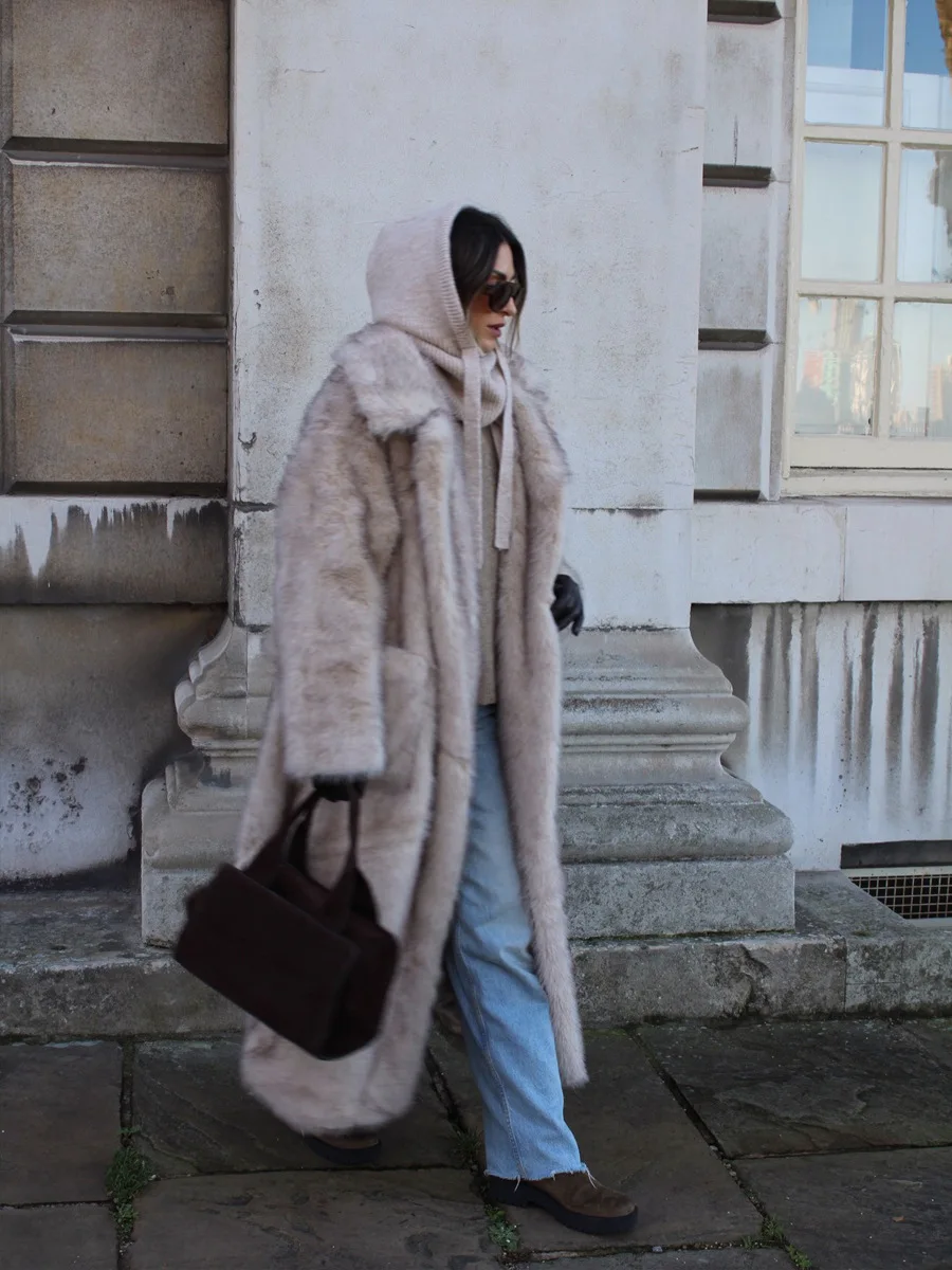 Winter Lace Up Wool Fluffy Fur Jacket Women Long Thick Wram Faux Fur Coat Fashion Street Wide Lapel Jacket Outerwear Overcoat