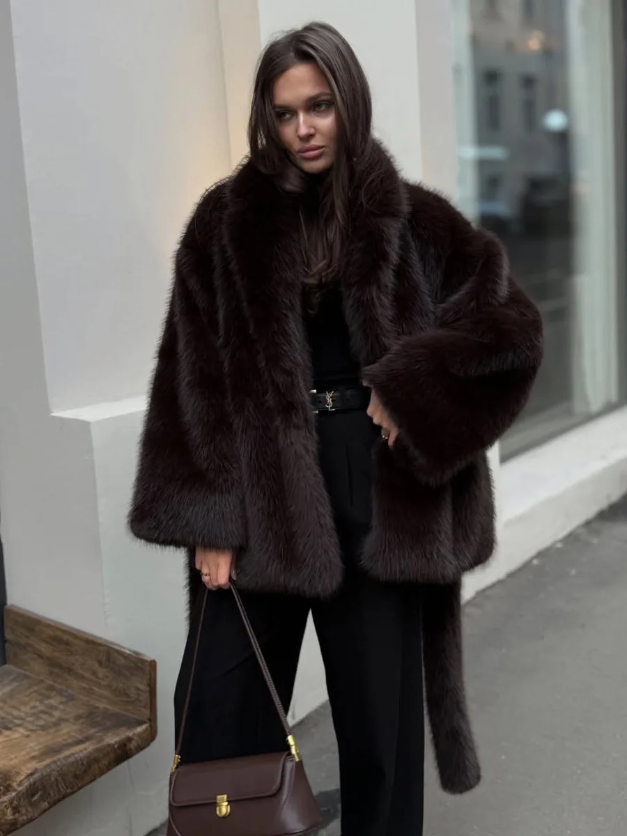 Winter Women High Quality Big Fur Collar Fluffy Imitation Fur Loose Jacket Overcoat Elegant Luxury Thick Warm Faux Fur Jacket