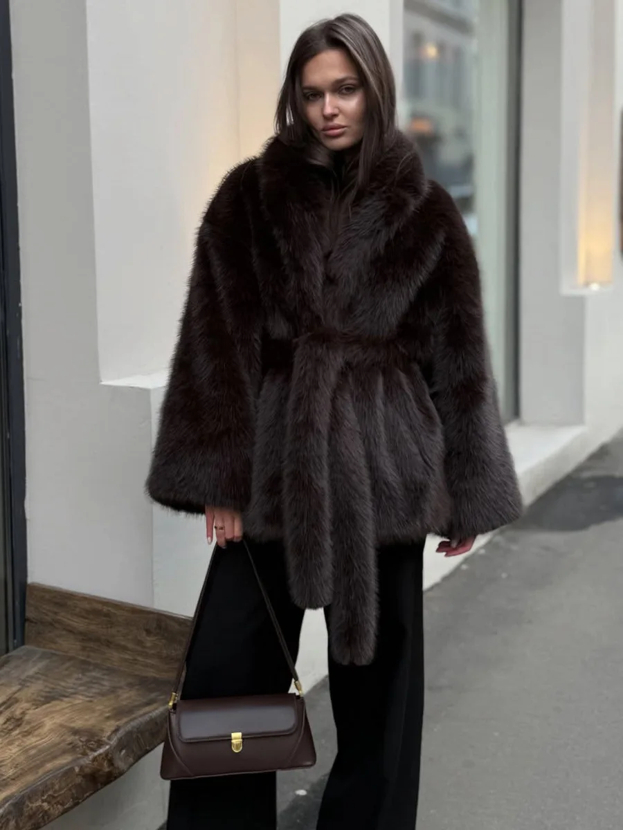 Winter Women High Quality Big Fur Collar Fluffy Imitation Fur Loose Jacket Overcoat Elegant Luxury Thick Warm Faux Fur Jacket