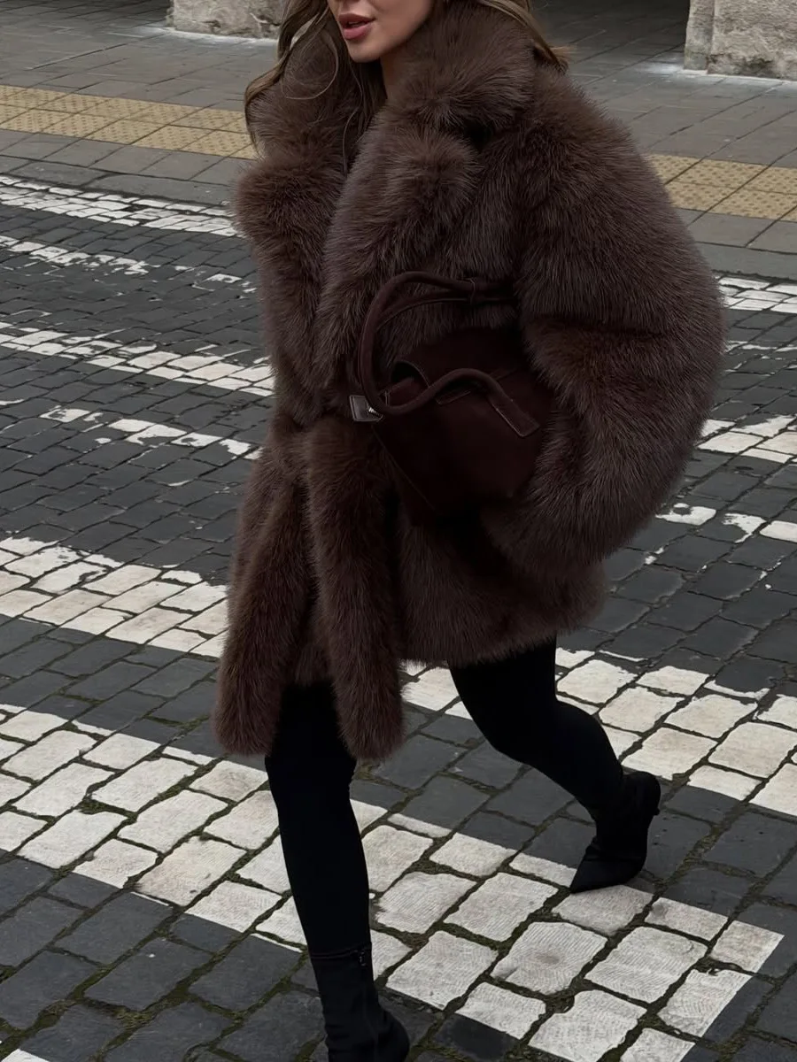 Winter Women High Quality Big Fur Collar Fluffy Imitation Fur Loose Jacket Overcoat Elegant Luxury Thick Warm Faux Fur Jacket