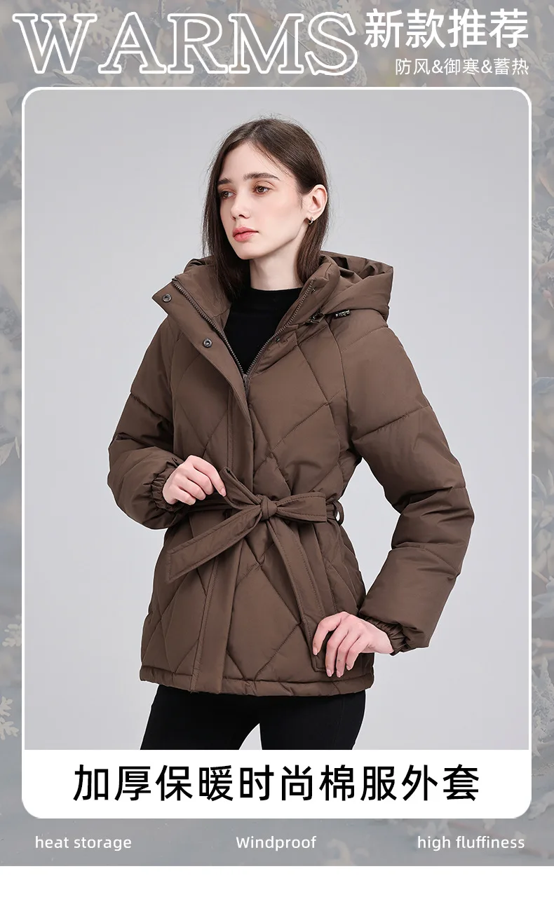 Belted Waist Quilted Puffer Coat Women Hooded Elastic Cuff Zip Closure Slim Fit Casual Jackets Autumn Winter Outerwear Trendy