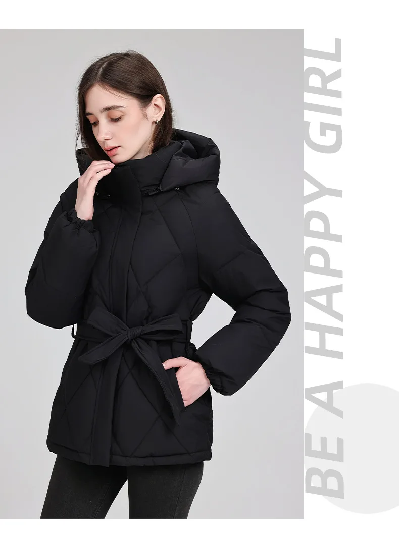 Belted Waist Quilted Puffer Coat Women Hooded Elastic Cuff Zip Closure Slim Fit Casual Jackets Autumn Winter Outerwear Trendy