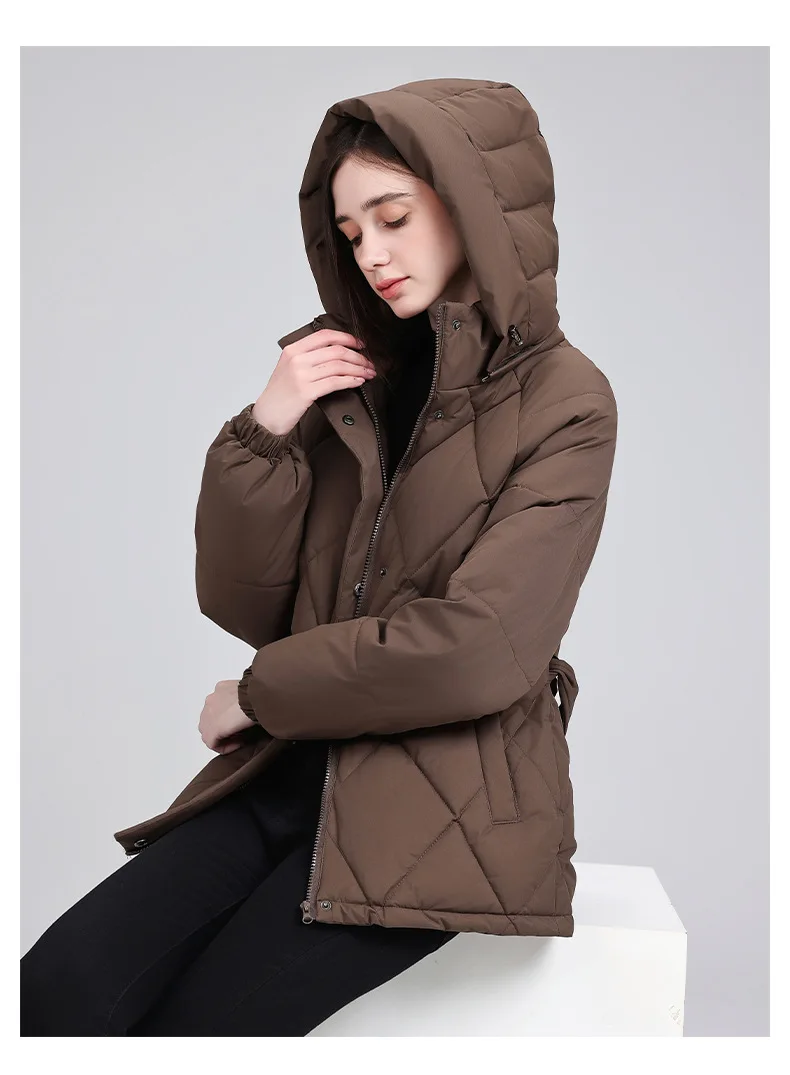 Belted Waist Quilted Puffer Coat Women Hooded Elastic Cuff Zip Closure Slim Fit Casual Jackets Autumn Winter Outerwear Trendy