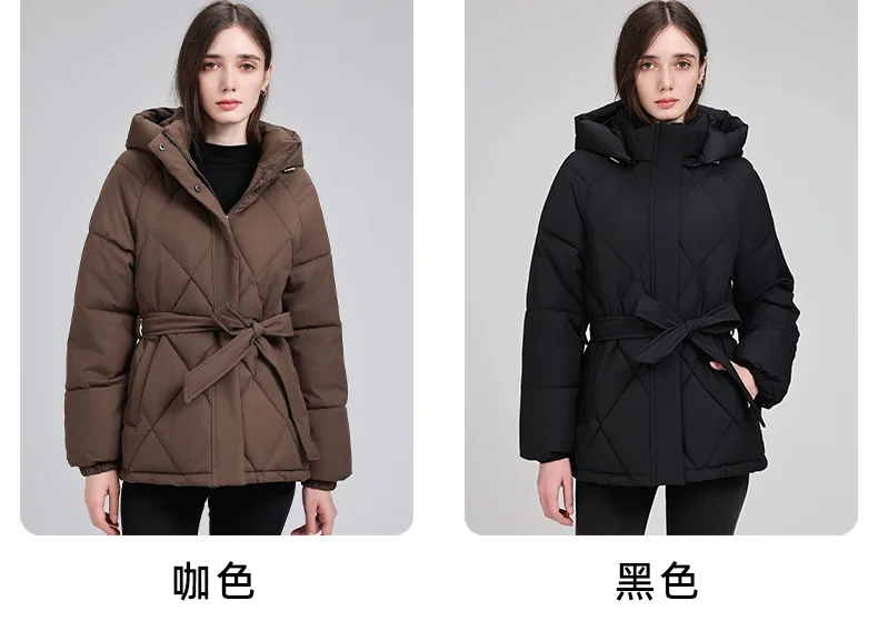 Belted Waist Quilted Puffer Coat Women Hooded Elastic Cuff Zip Closure Slim Fit Casual Jackets Autumn Winter Outerwear Trendy