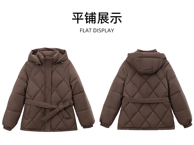Belted Waist Quilted Puffer Coat Women Hooded Elastic Cuff Zip Closure Slim Fit Casual Jackets Autumn Winter Outerwear Trendy