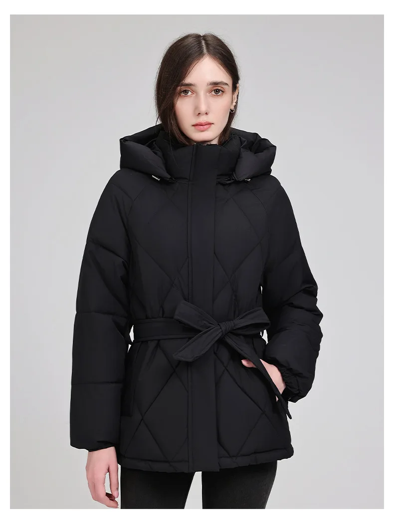 Belted Waist Quilted Puffer Coat Women Hooded Elastic Cuff Zip Closure Slim Fit Casual Jackets Autumn Winter Outerwear Trendy