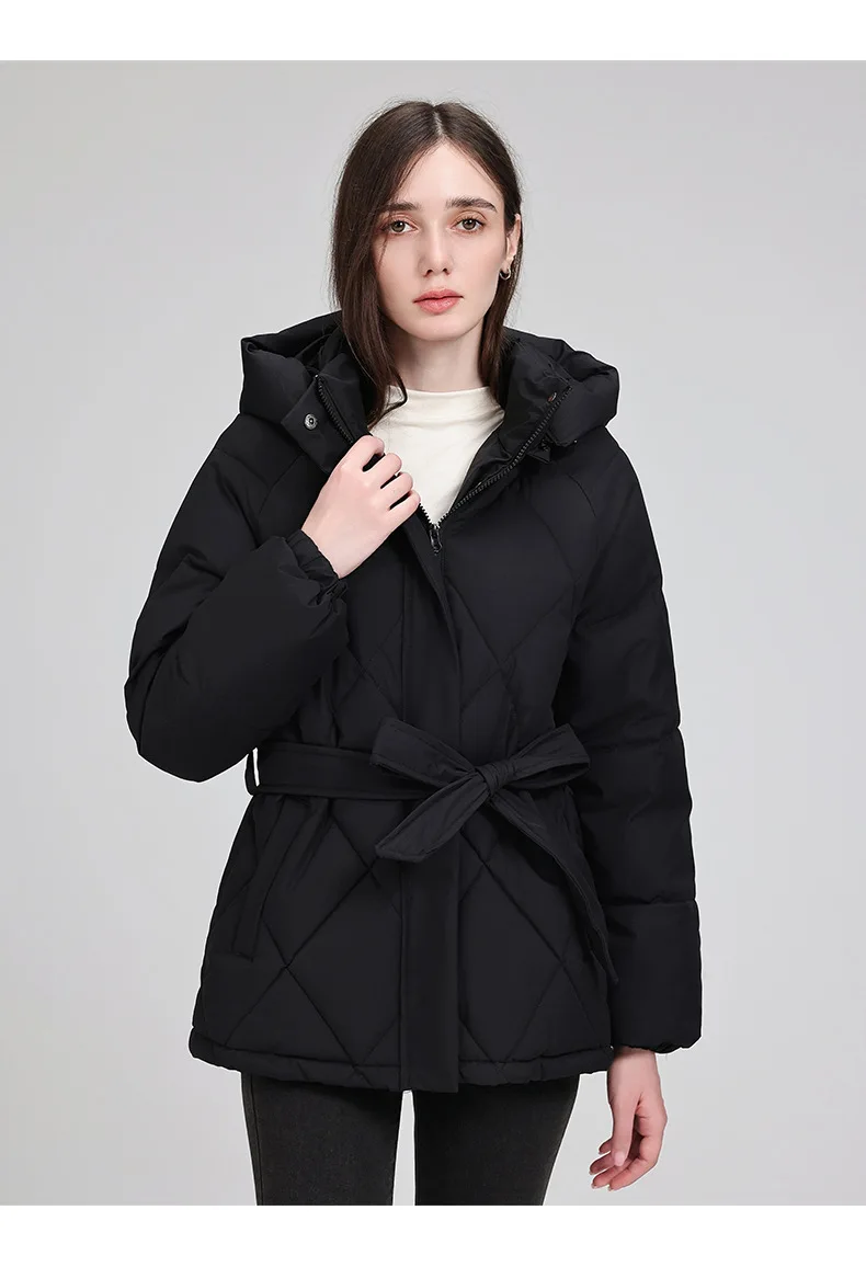 Belted Waist Quilted Puffer Coat Women Hooded Elastic Cuff Zip Closure Slim Fit Casual Jackets Autumn Winter Outerwear Trendy