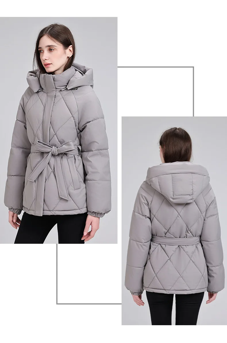 Belted Waist Quilted Puffer Coat Women Hooded Elastic Cuff Zip Closure Slim Fit Casual Jackets Autumn Winter Outerwear Trendy
