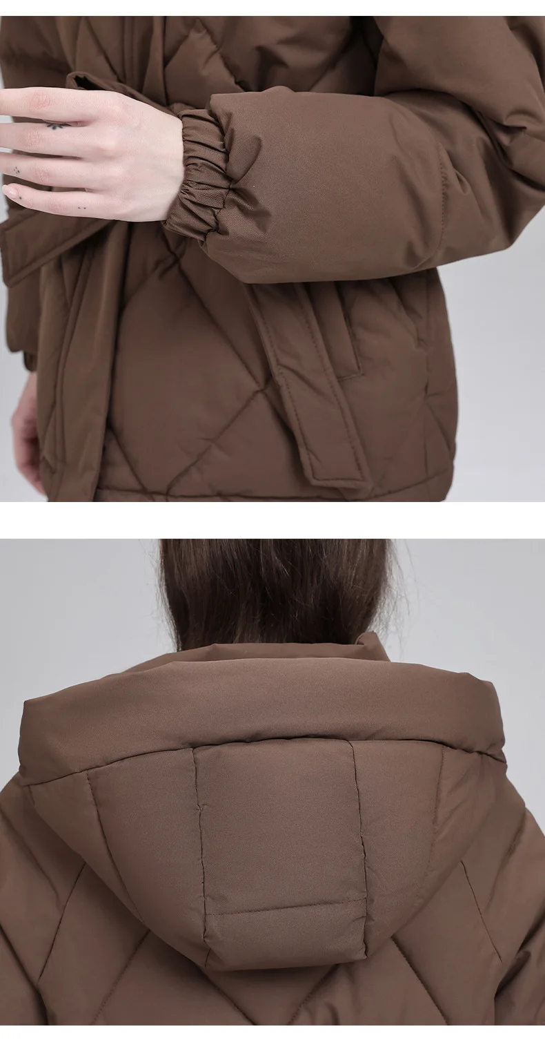 Belted Waist Quilted Puffer Coat Women Hooded Elastic Cuff Zip Closure Slim Fit Casual Jackets Autumn Winter Outerwear Trendy