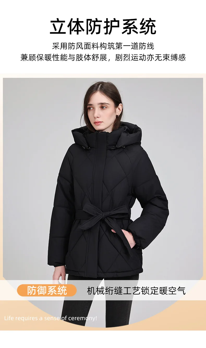 Belted Waist Quilted Puffer Coat Women Hooded Elastic Cuff Zip Closure Slim Fit Casual Jackets Autumn Winter Outerwear Trendy