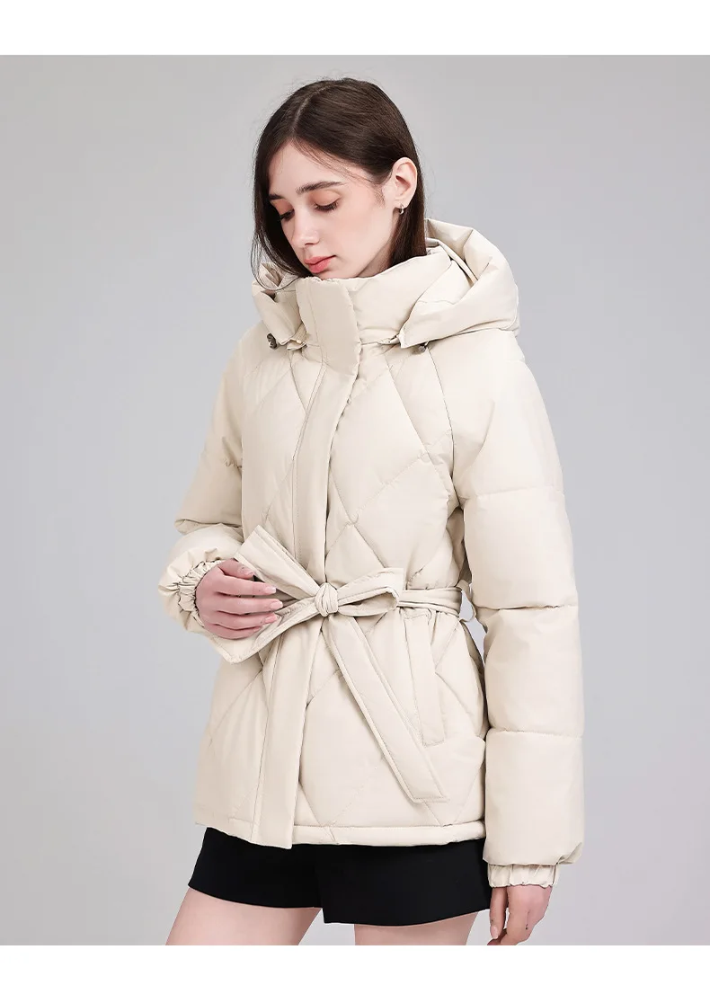 Belted Waist Quilted Puffer Coat Women Hooded Elastic Cuff Zip Closure Slim Fit Casual Jackets Autumn Winter Outerwear Trendy