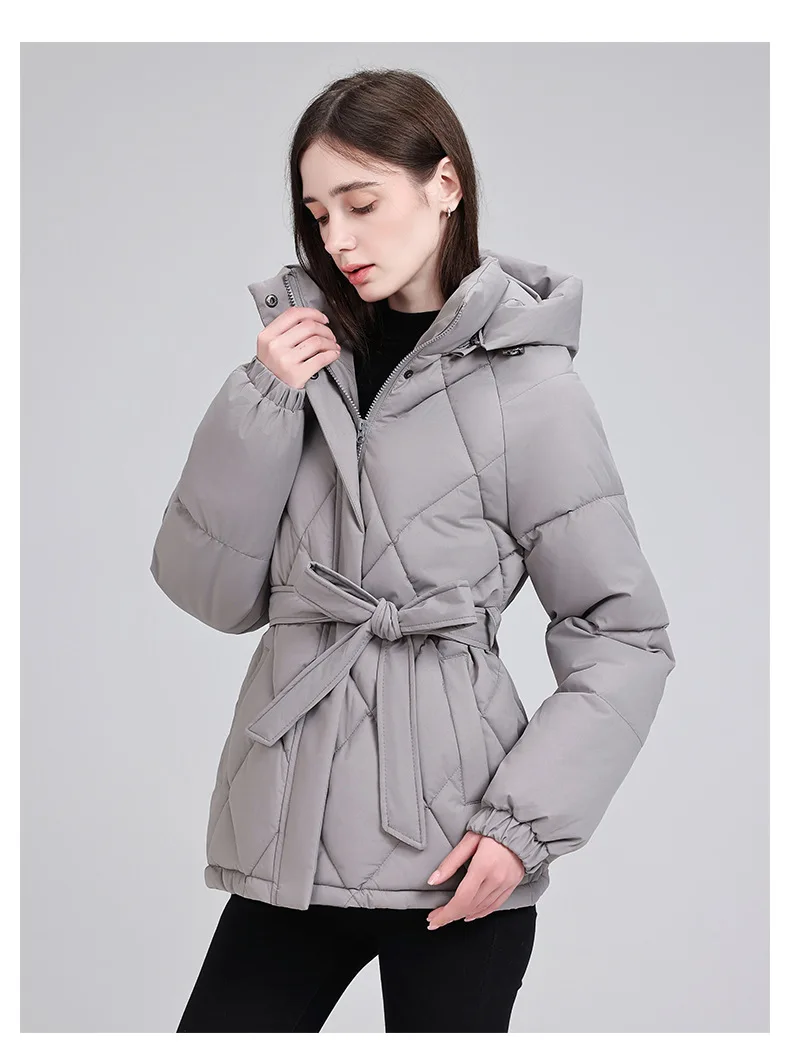 Belted Waist Quilted Puffer Coat Women Hooded Elastic Cuff Zip Closure Slim Fit Casual Jackets Autumn Winter Outerwear Trendy