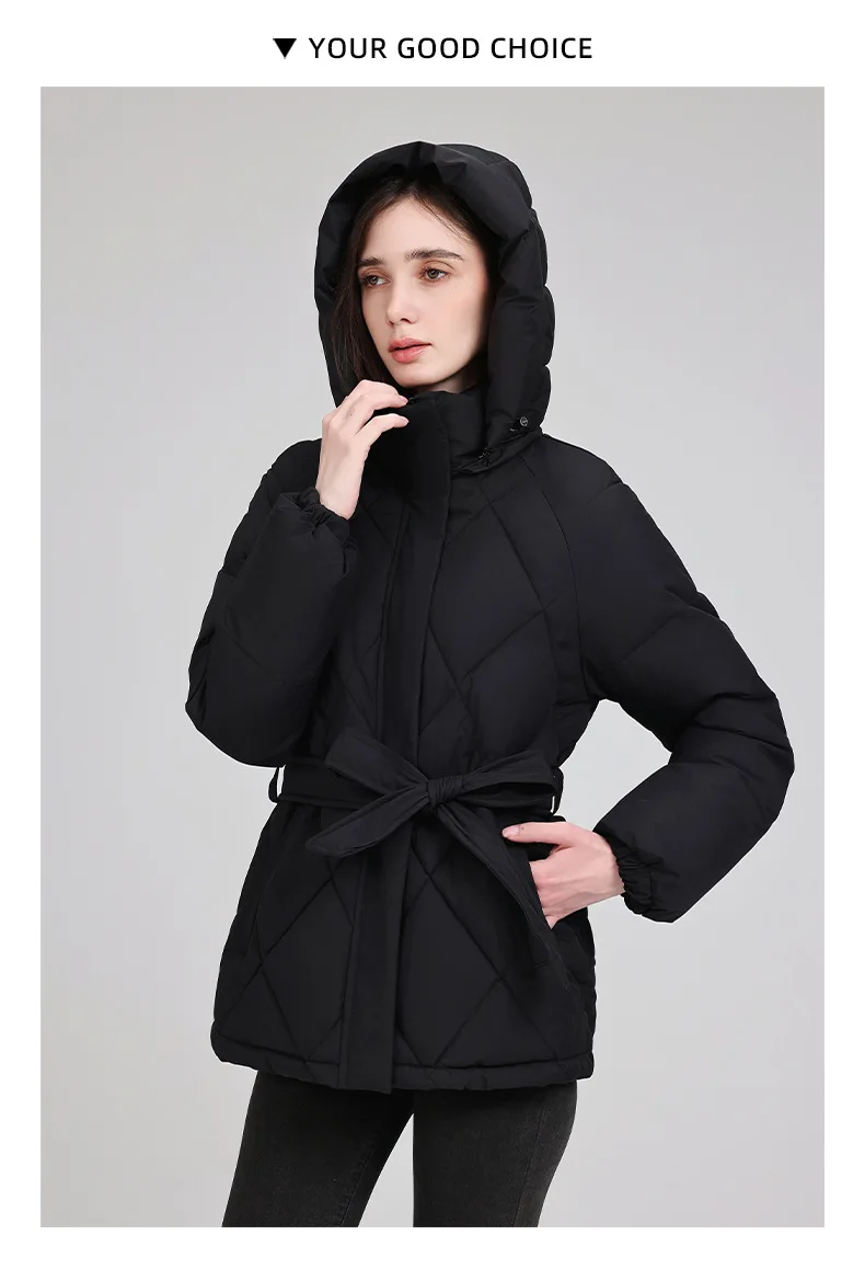 Belted Waist Quilted Puffer Coat Women Hooded Elastic Cuff Zip Closure Slim Fit Casual Jackets Autumn Winter Outerwear Trendy