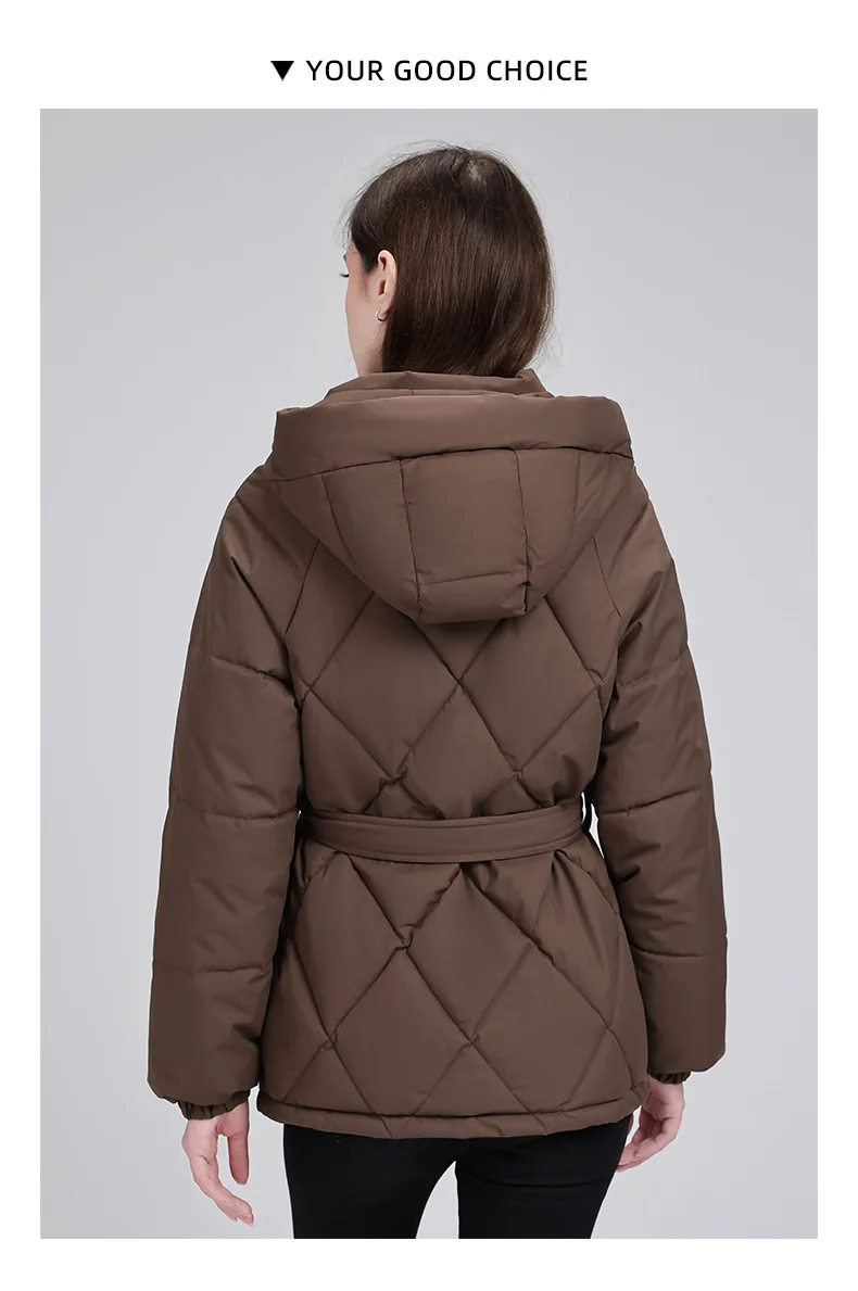 Belted Waist Quilted Puffer Coat Women Hooded Elastic Cuff Zip Closure Slim Fit Casual Jackets Autumn Winter Outerwear Trendy
