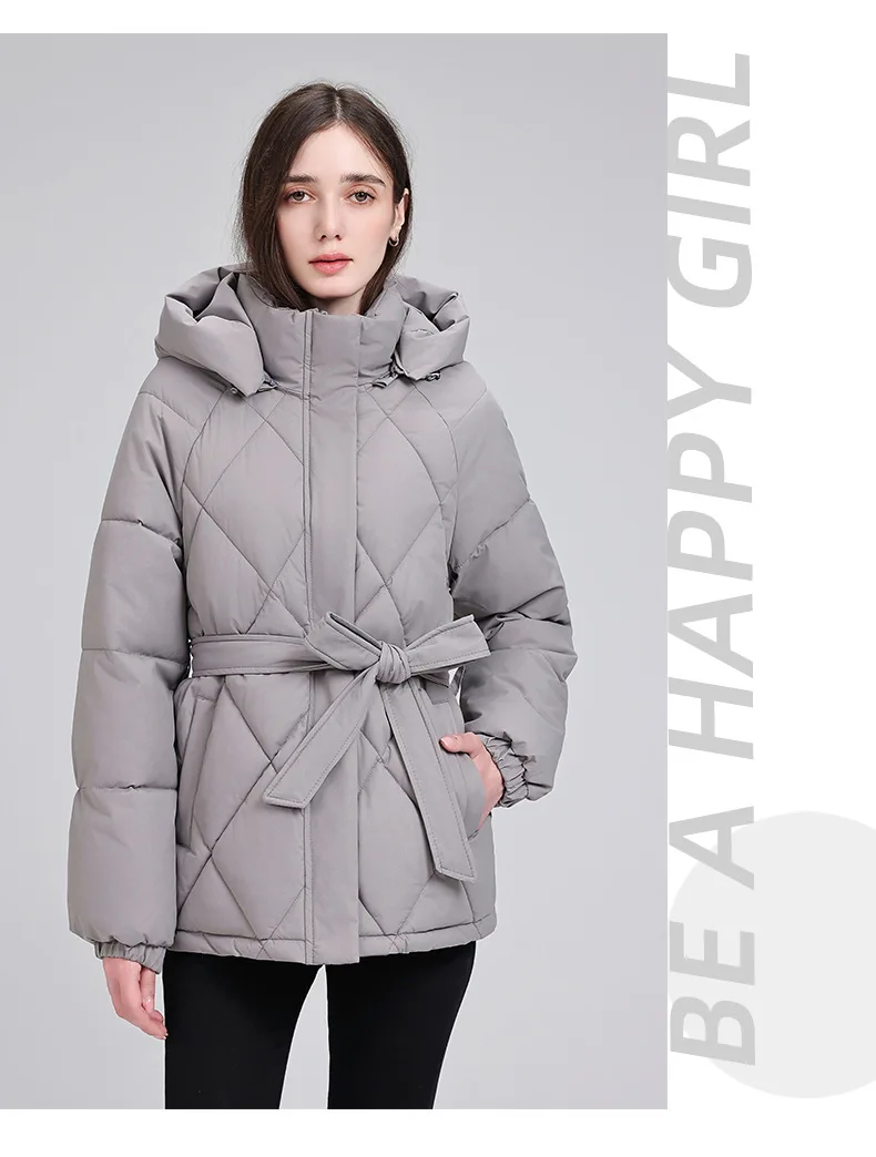 Belted Waist Quilted Puffer Coat Women Hooded Elastic Cuff Zip Closure Slim Fit Casual Jackets Autumn Winter Outerwear Trendy