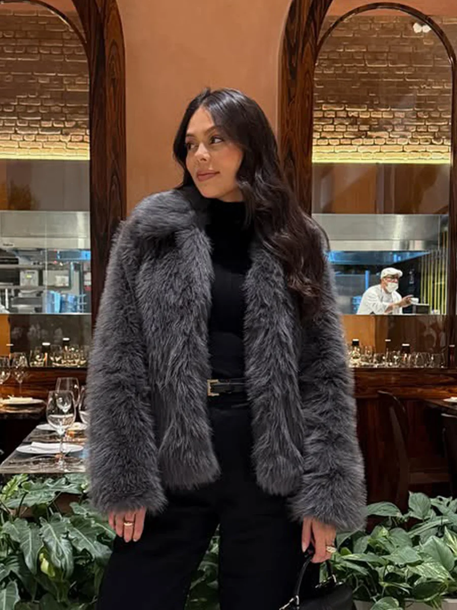 Winter Faux Fur Cardigan Coat Fur Jacket Women Elegant Fluffy Solid Color Thickened Thermal Long Sleeve Coat Fashion Oversized