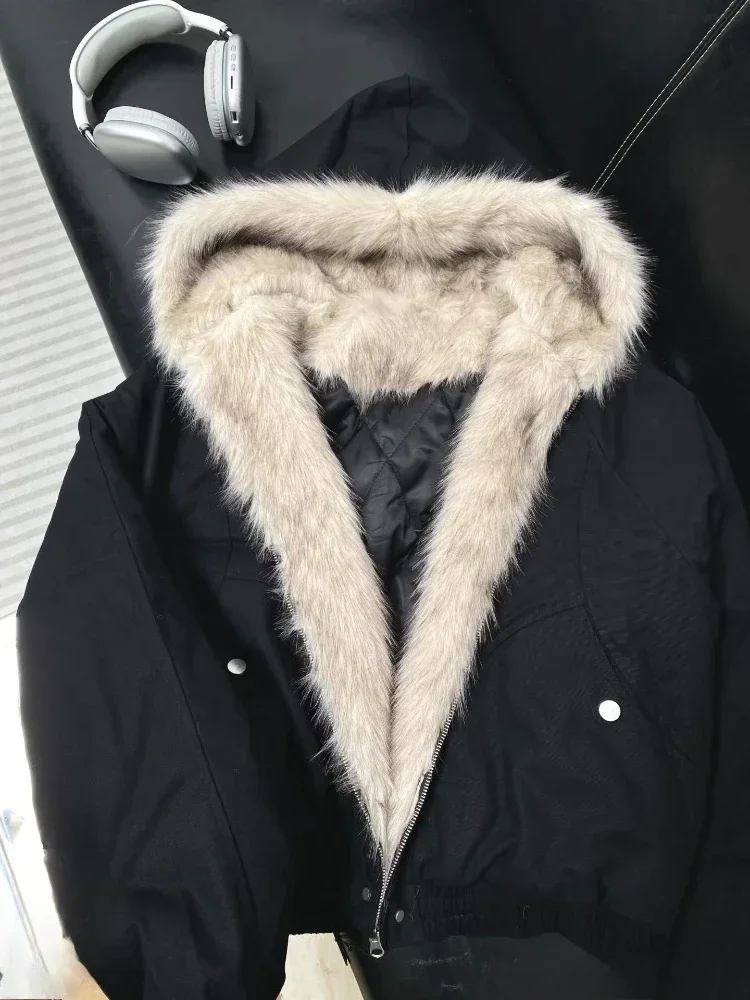 Y2K Streetwear Women American Vintage Faux Fur Parka Cotton‑padded Coat Korean Style Cozy Warm Windproof Winter Daily Outerwear
