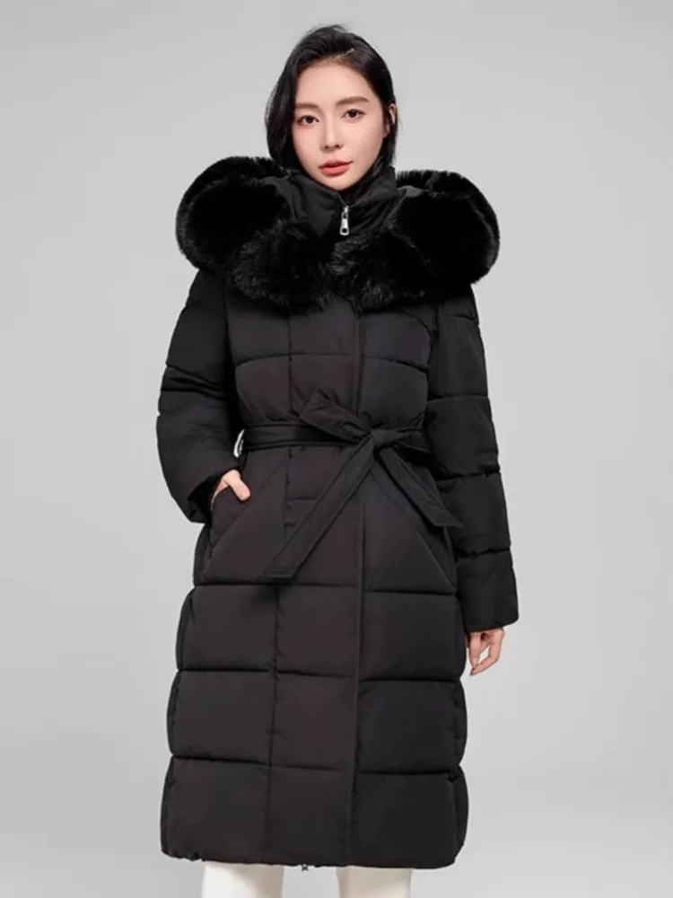 SHENGPALAE Women Puffer Coat Faux Fur Hood Long Belted Waist‑cinched Thick Warm Elegant Outerwear Autumn 2026 New 05E03418