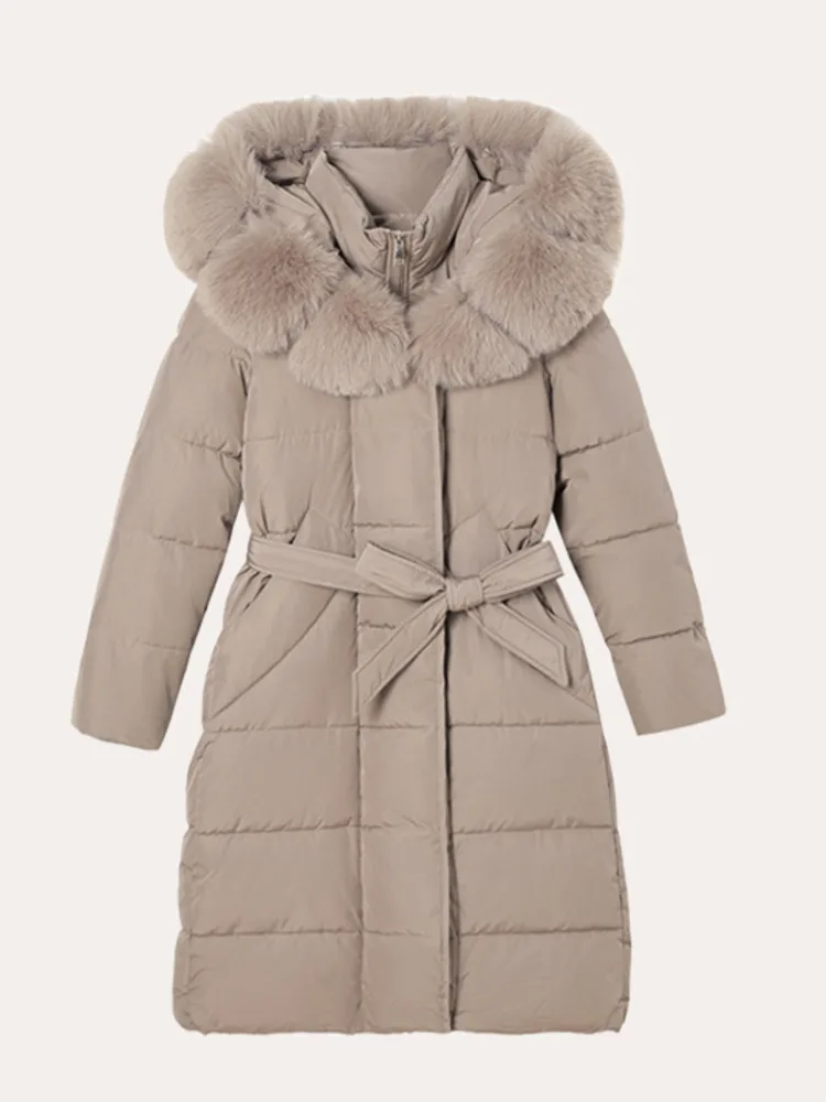 SHENGPALAE Women Puffer Coat Faux Fur Hood Long Belted Waist‑cinched Thick Warm Elegant Outerwear Autumn 2026 New 05E03418
