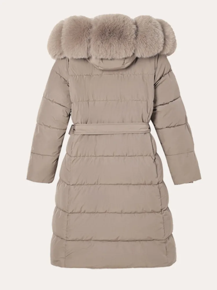 SHENGPALAE Women Puffer Coat Faux Fur Hood Long Belted Waist‑cinched Thick Warm Elegant Outerwear Autumn 2026 New 05E03418