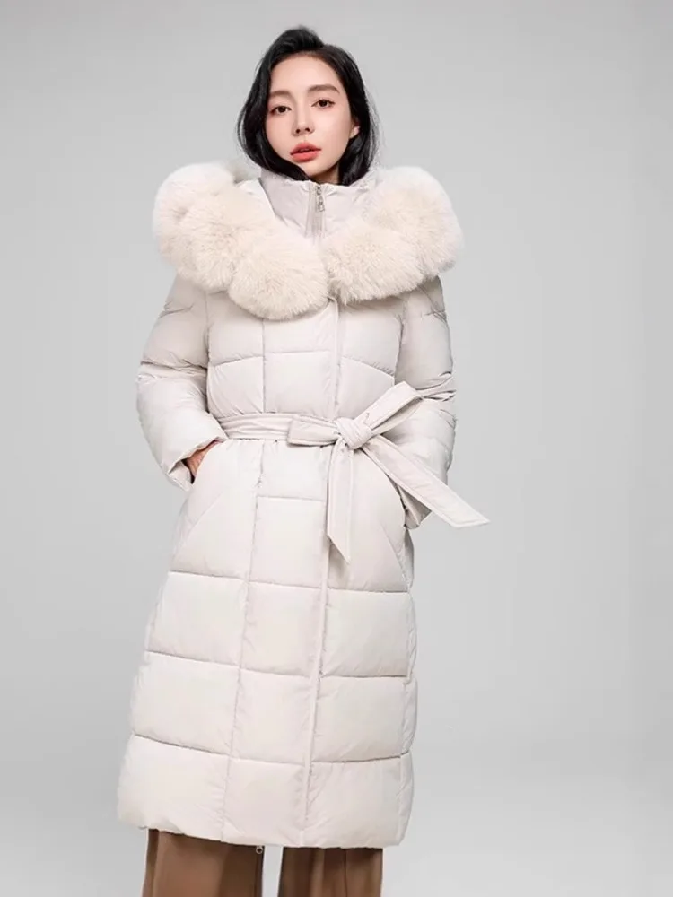 SHENGPALAE Women Puffer Coat Faux Fur Hood Long Belted Waist‑cinched Thick Warm Elegant Outerwear Autumn 2026 New 05E03418