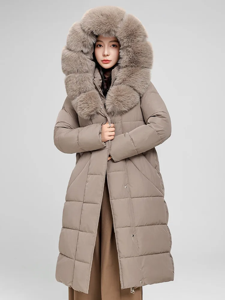 SHENGPALAE Women Puffer Coat Faux Fur Hood Long Belted Waist‑cinched Thick Warm Elegant Outerwear Autumn 2026 New 05E03418