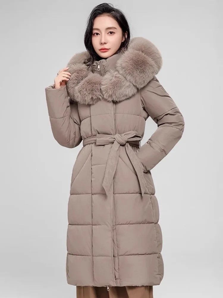 SHENGPALAE Women Puffer Coat Faux Fur Hood Long Belted Waist‑cinched Thick Warm Elegant Outerwear Autumn 2026 New 05E03418