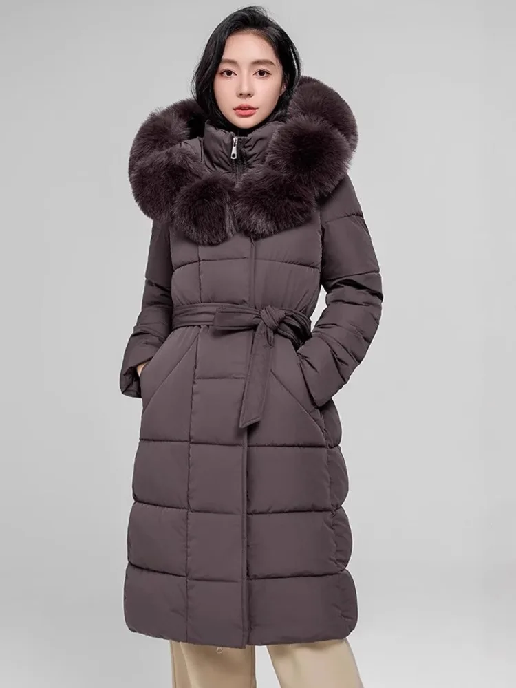 SHENGPALAE Women Puffer Coat Faux Fur Hood Long Belted Waist‑cinched Thick Warm Elegant Outerwear Autumn 2026 New 05E03418