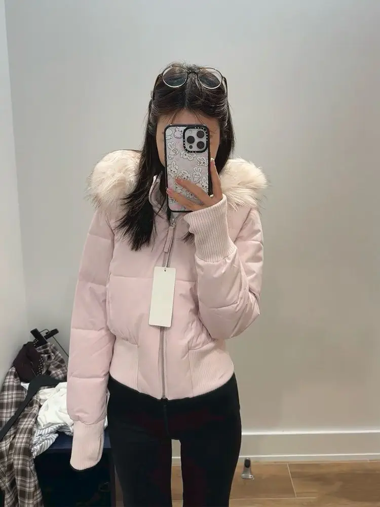 Korean Fashion Cropped Zip Up Puffer Parka Women Faux Fur Collar Ribbed Cuffs Thick Warm Winter Coat Casual Streetwear 2026