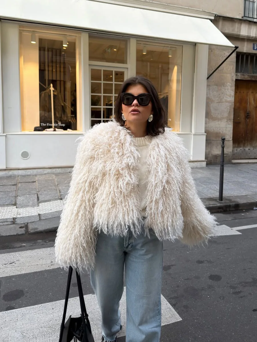 Winter Chic Street Girls Round Neck Jacket Faux Sheep Fur Coat Women Fluffy Warm Fur Cardigan Cotton Jacket Cropped Outerwear