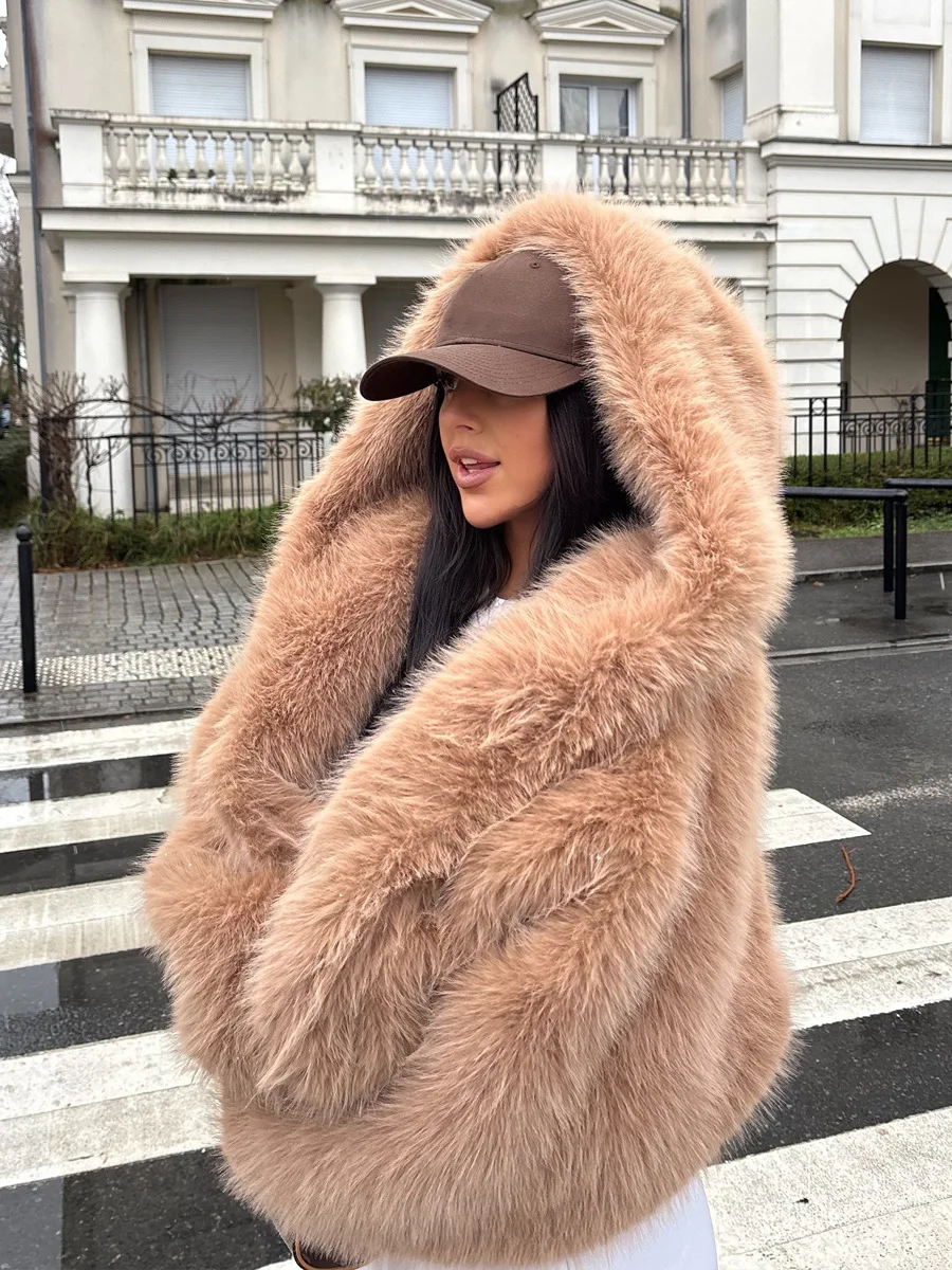 Winter Hooded Cropped Faux Fur Coat Women Fashion Fluffy Fox Fur Jacket High Quality Warm Thickened Cardigan Short Overcoat