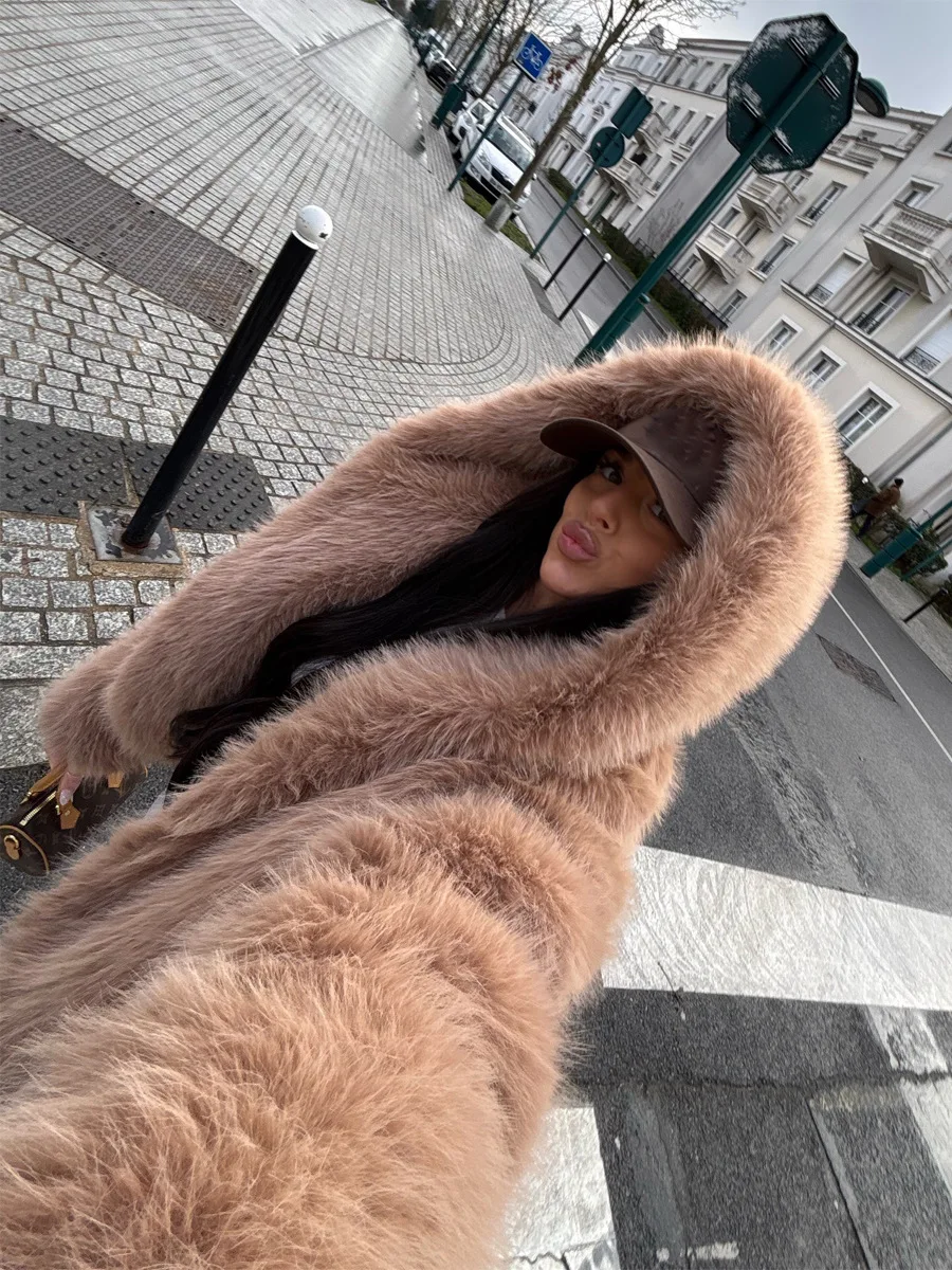 Winter Hooded Cropped Faux Fur Coat Women Fashion Fluffy Fox Fur Jacket High Quality Warm Thickened Cardigan Short Overcoat