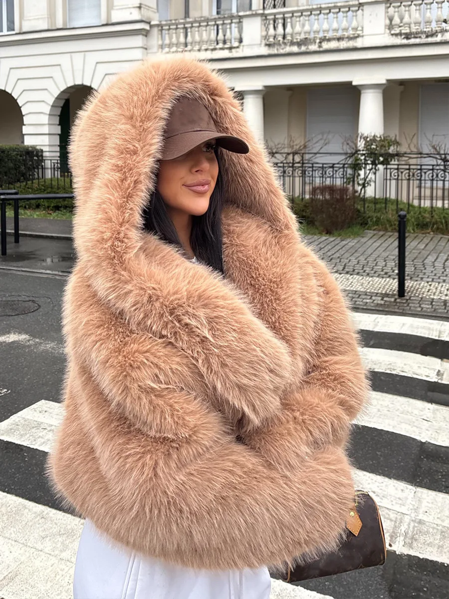 Winter Hooded Cropped Faux Fur Coat Women Fashion Fluffy Fox Fur Jacket High Quality Warm Thickened Cardigan Short Overcoat