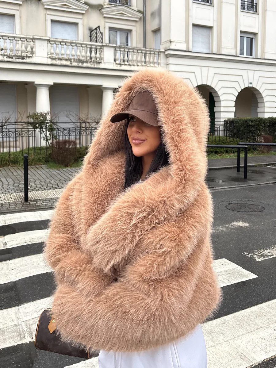 Winter Hooded Cropped Faux Fur Coat Women Fashion Fluffy Fox Fur Jacket High Quality Warm Thickened Cardigan Short Overcoat