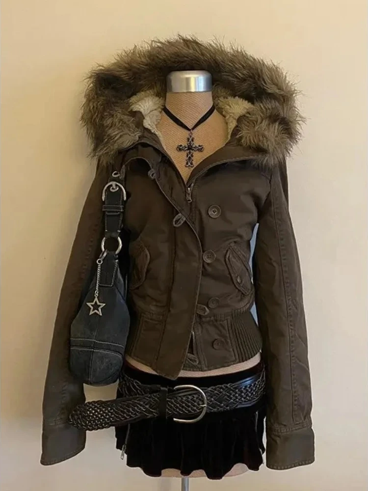 Winter Warm Faux Fur Hooded Parka Women Retro Y2K Style Cotton Padded Coat Loose Casual Daily Outdoor Street Outerwear Fashion