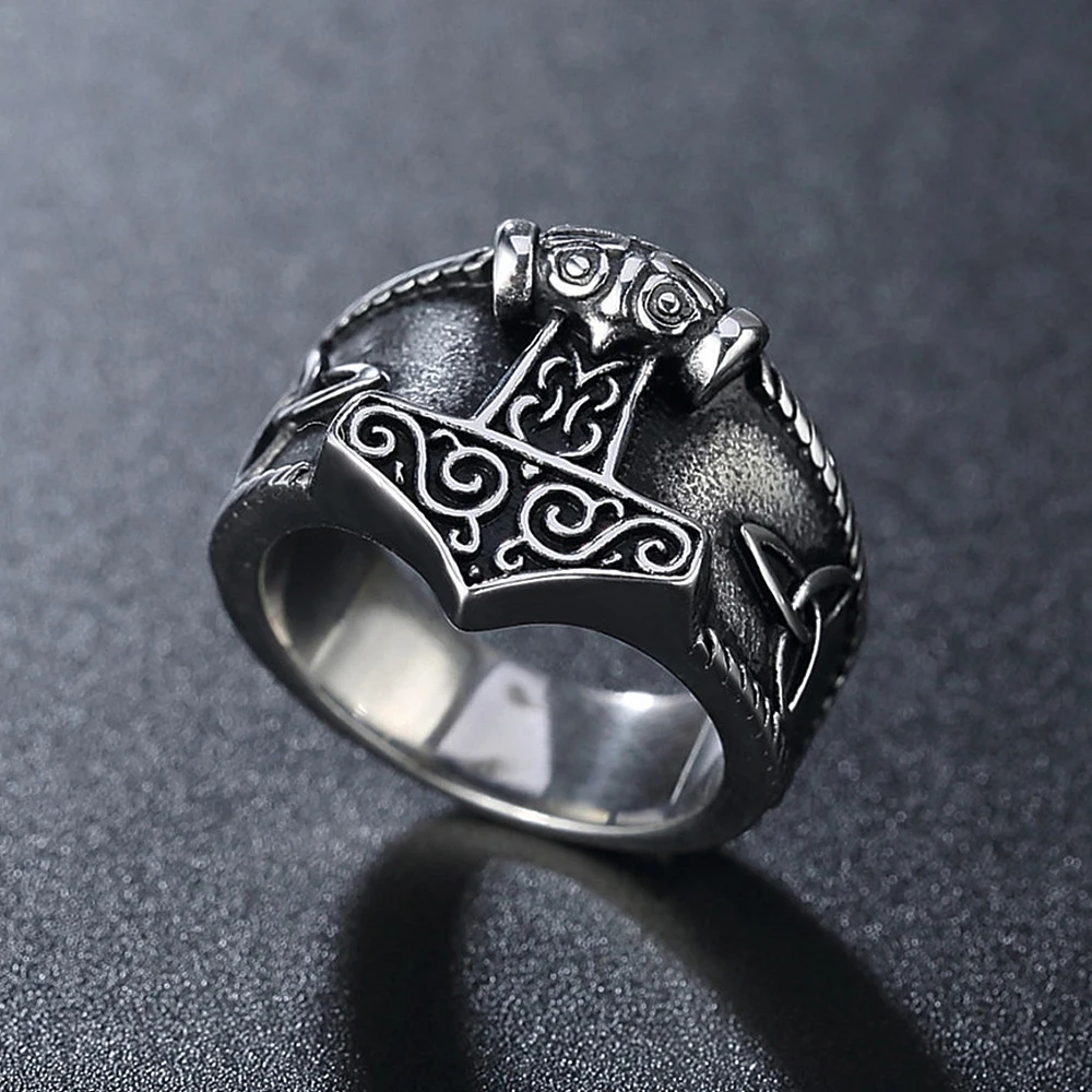 Vintage Viking Mjolnir Thor's Hammer Ring Men Nordic 316L Stainless Steel Odin Celtics Knot Amulet Ring Jewelry Gift
