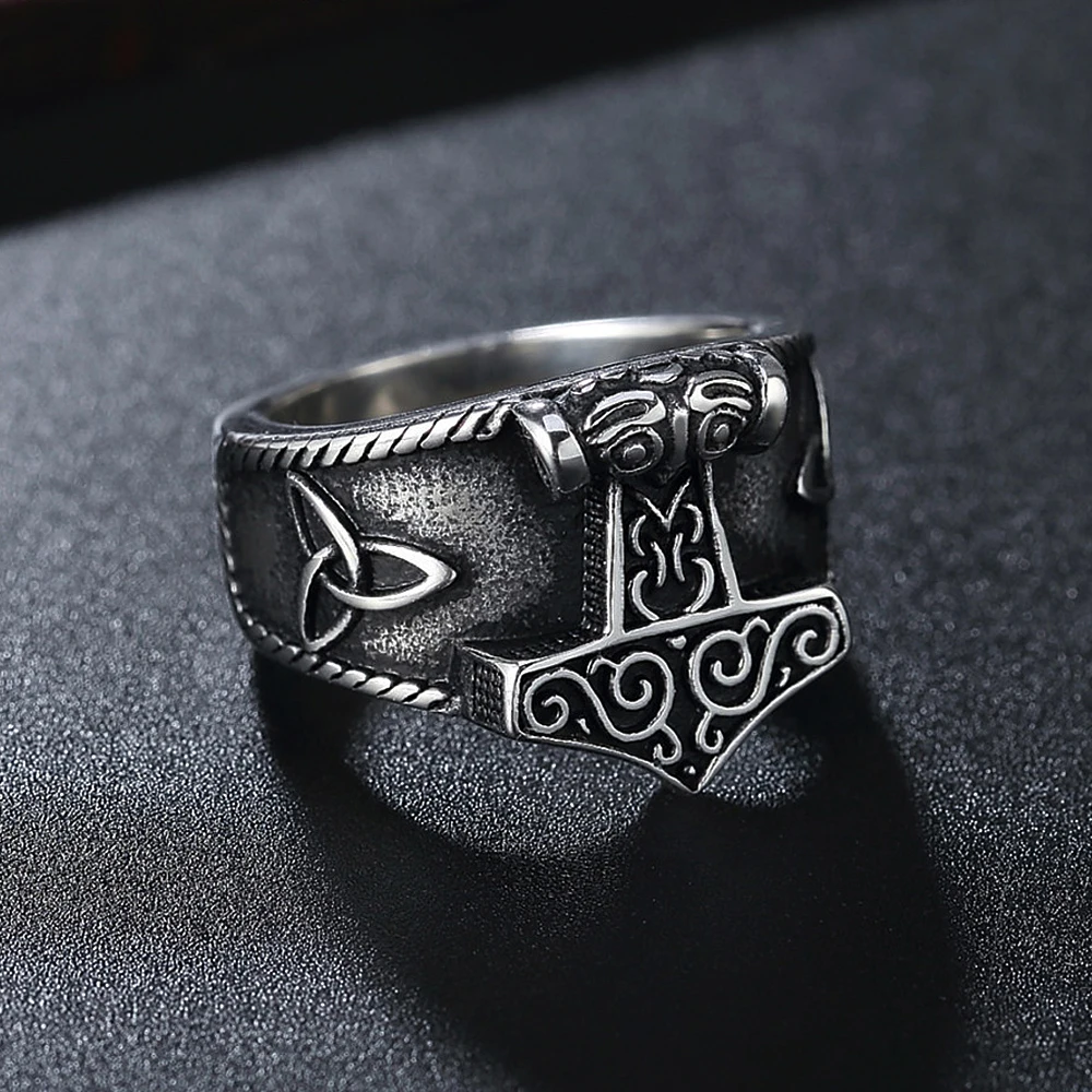 Vintage Viking Mjolnir Thor's Hammer Ring Men Nordic 316L Stainless Steel Odin Celtics Knot Amulet Ring Jewelry Gift