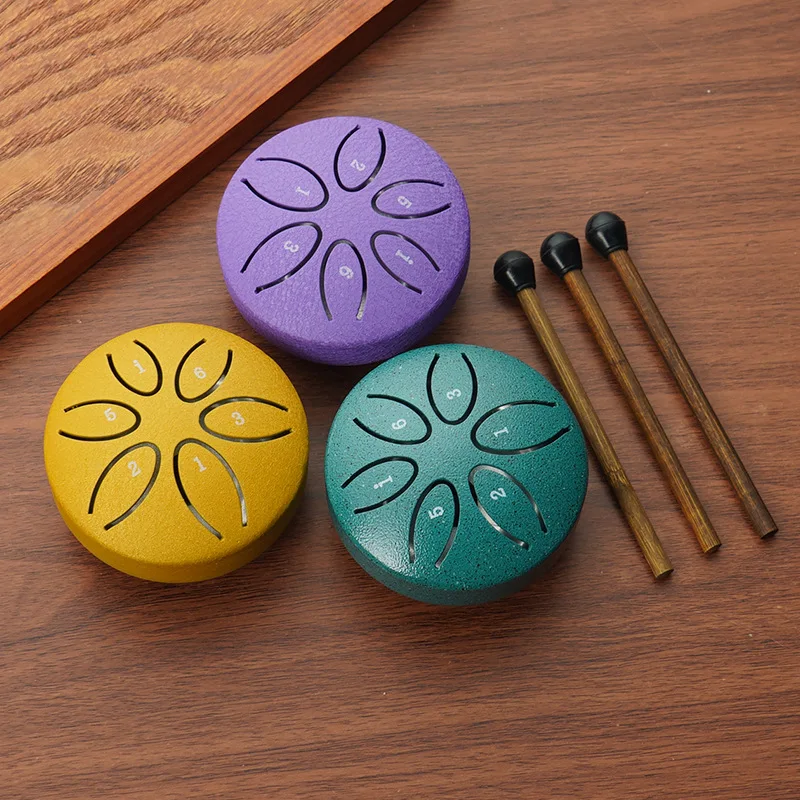 3 Inches 6 Tones Steel Tongue Drum Outdoors Rain Drum Instrument Mini Hand Drum Ethereal Drum Sticks Percussion Drum Accessories