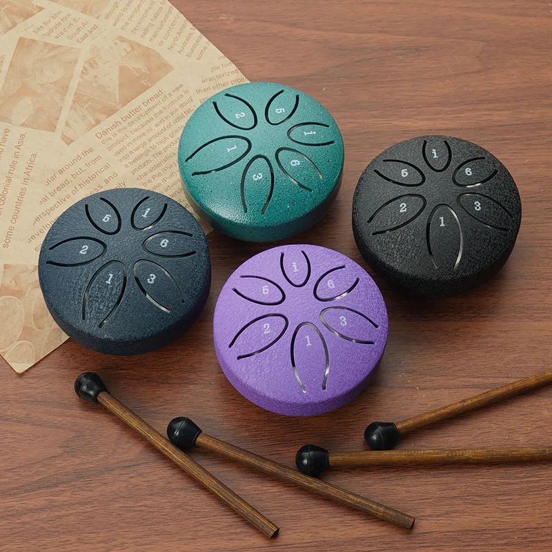 3 Inches 6 Tones Steel Tongue Drum Outdoors Rain Drum Instrument Mini Hand Drum Ethereal Drum Sticks Percussion Drum Accessories