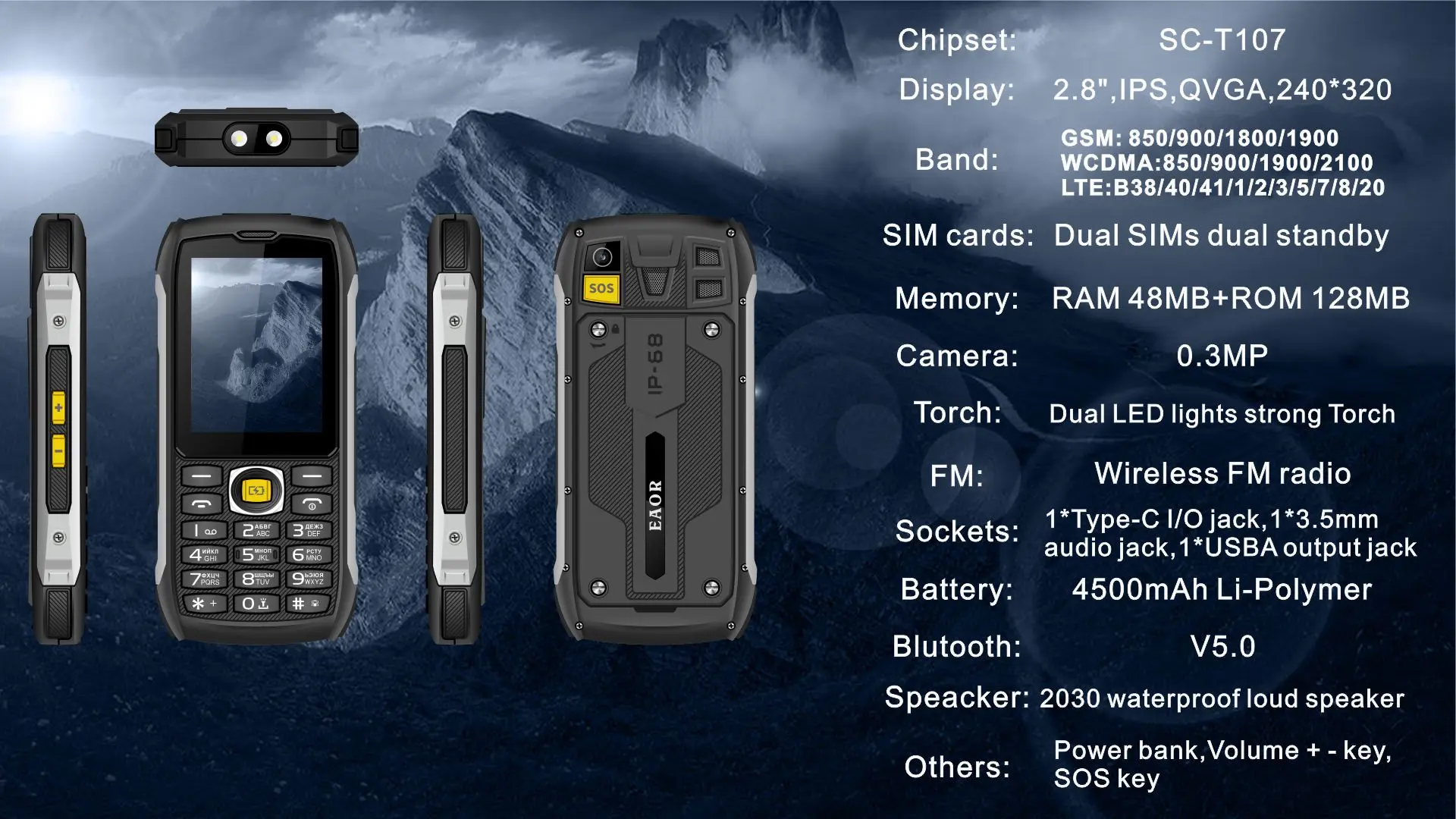 EAOR 4G LTE Waterproof Rugged Big Battery Powerbank Feature Keypad 2.8 IPS Display Volume Side Key Glare Flashlight Mobile Phone