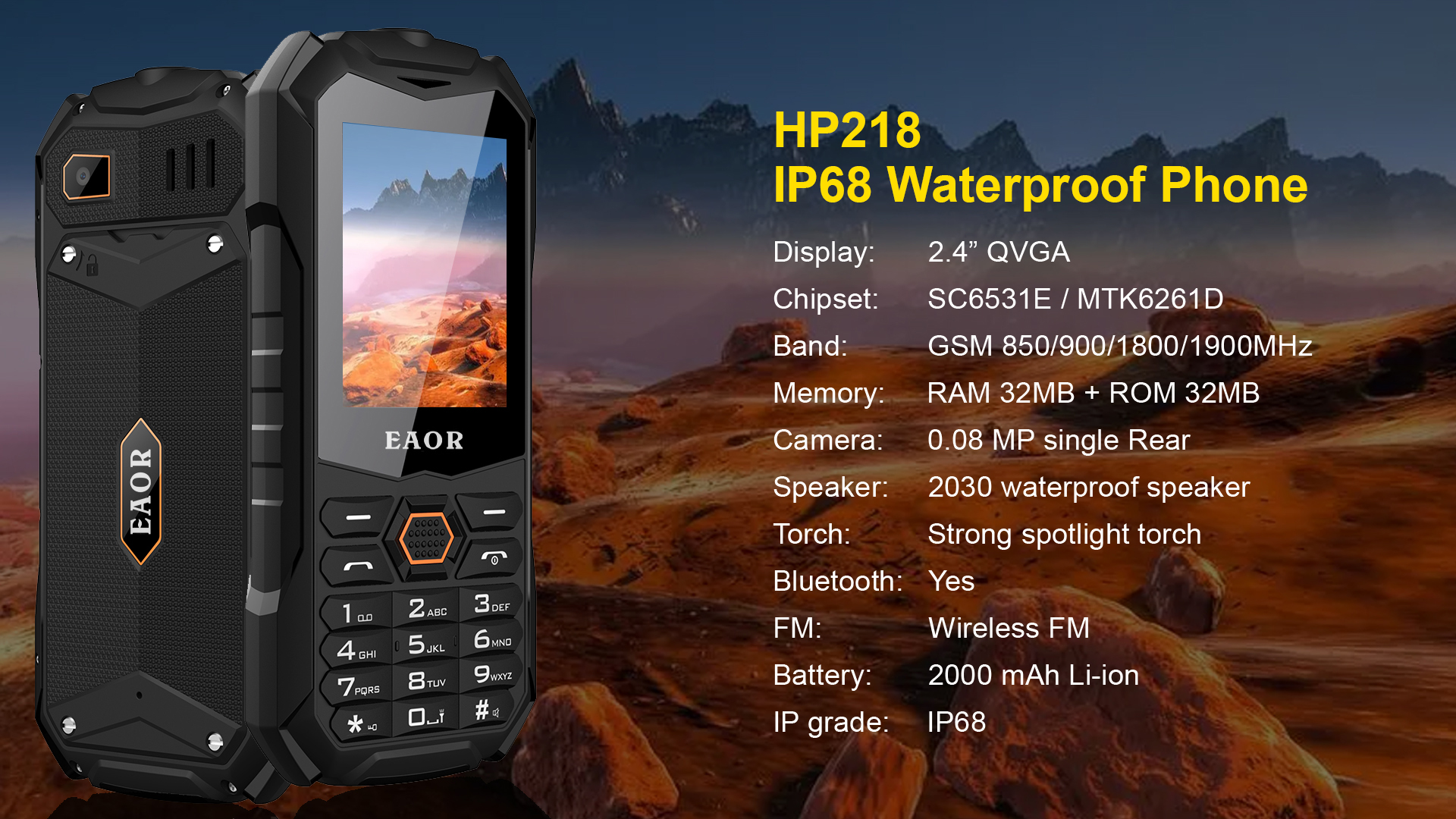 EAOR 2G Slim Rugged Phone IP68 Waterproof Outdoor Keypad Phones 2000mAh Big Battery Dual SIM Feature Phone with Glare Torch