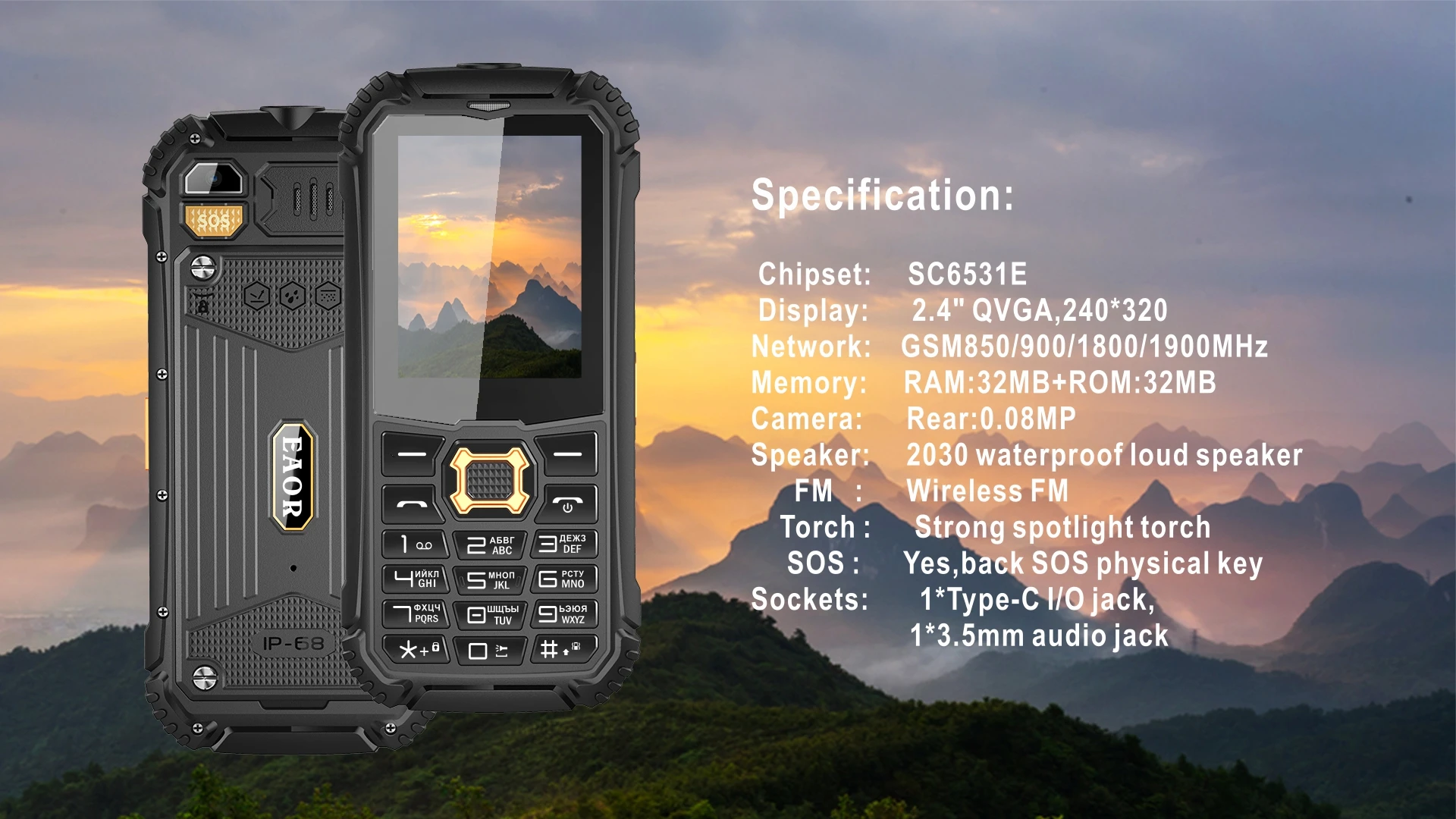 EAOR 2G GSM SOS Feature IP68 Rugged Phone Waterproof Dustproof Keypad Phone Dual SIM 2000mAh Big Battery Push-button Phone Torch