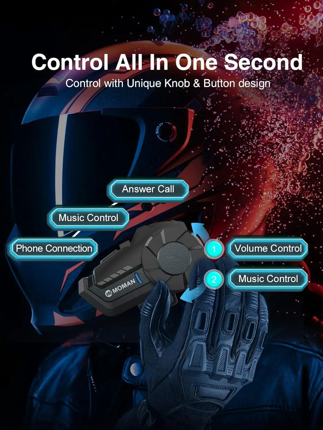 Moman Motorcycle Intercom H2Pro Motorbike Helmet Communication System up to 1000M with DSP&CVC Noise Cancellation FM Music Share