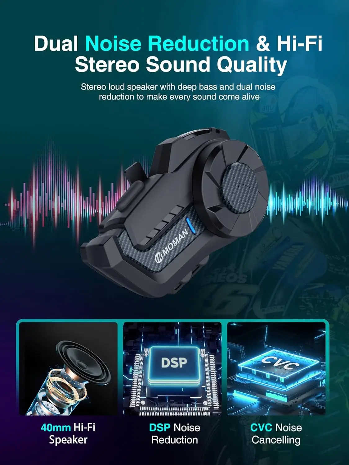 Moman Motorcycle Intercom H2Pro Motorbike Helmet Communication System up to 1000M with DSP&CVC Noise Cancellation FM Music Share