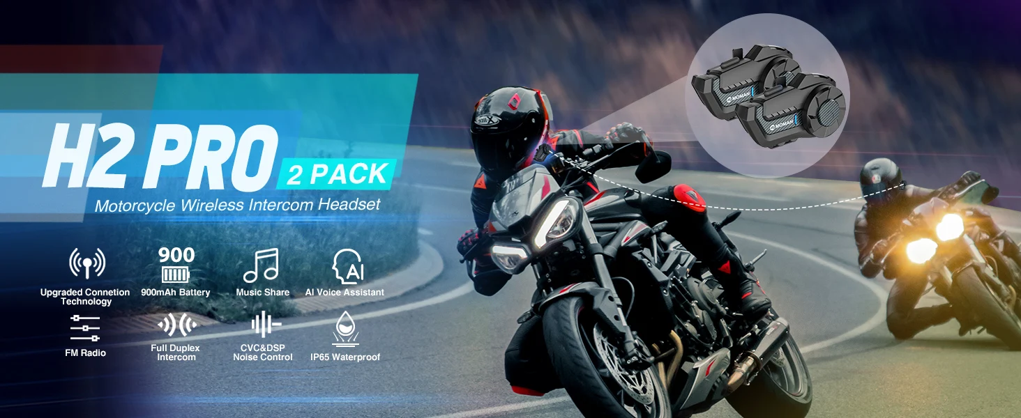 Moman Motorcycle Intercom H2Pro Motorbike Helmet Communication System up to 1000M with DSP&CVC Noise Cancellation FM Music Share