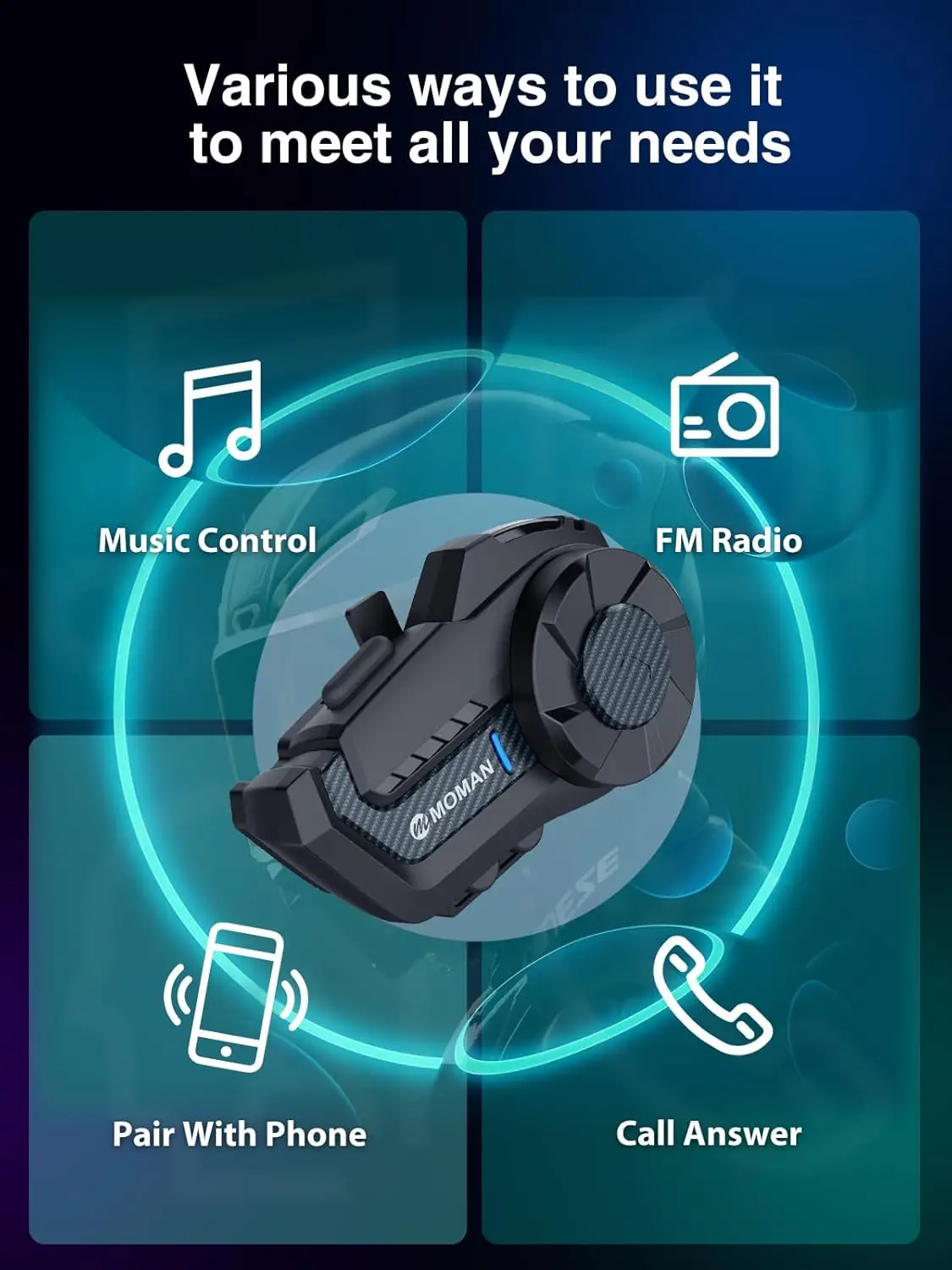 Moman Motorcycle Intercom H2Pro Motorbike Helmet Communication System up to 1000M with DSP&CVC Noise Cancellation FM Music Share