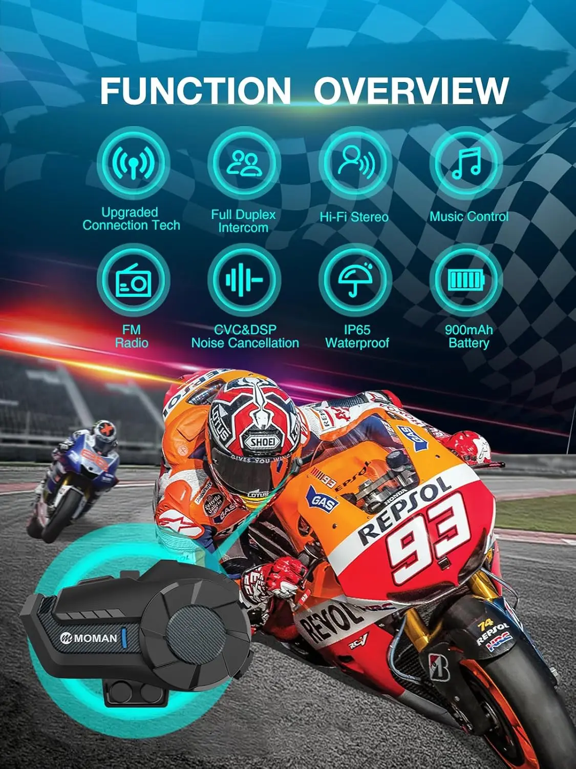 Moman Motorcycle Intercom H2Pro Motorbike Helmet Communication System up to 1000M with DSP&CVC Noise Cancellation FM Music Share