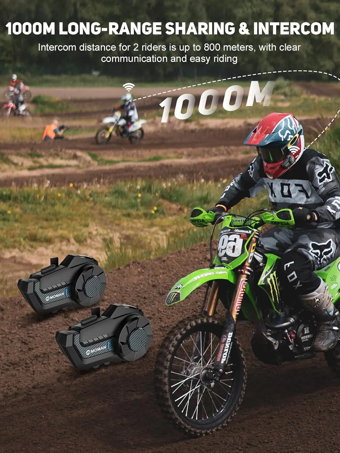 Moman Motorcycle Intercom H2Pro Motorbike Helmet Communication System up to 1000M with DSP&CVC Noise Cancellation FM Music Share